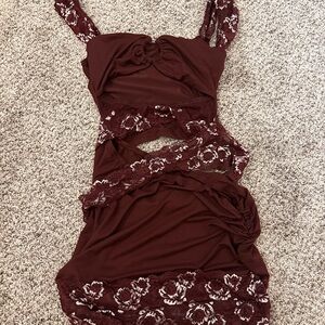 Burgundy Lace Cutout Dress